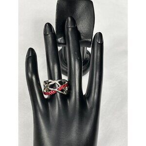Silver Tone Stretchable Ring SKU 007 With Red Rhinestone Accents